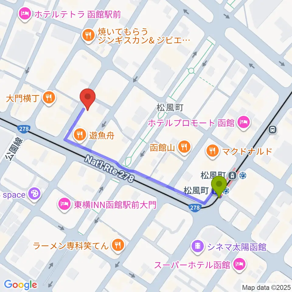 函館あうん堂ホールの最寄駅松風町駅からの徒歩ルート（約4分）地図