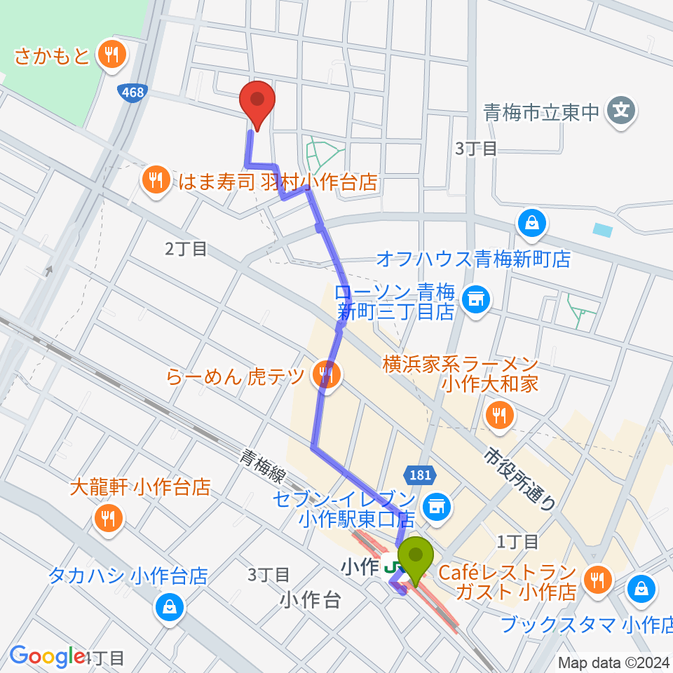 おおたけピアノ教室の最寄駅小作駅からの徒歩ルート（約11分）地図