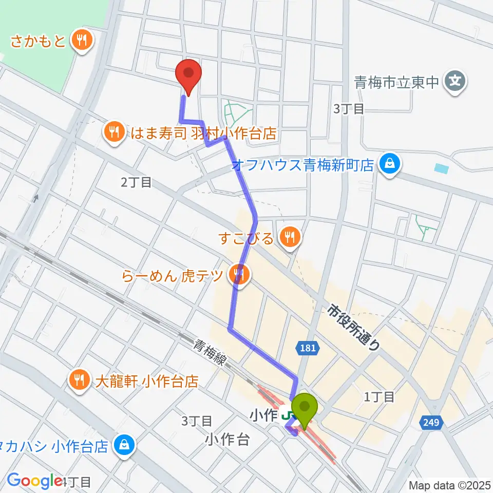 おおたけピアノ教室の最寄駅小作駅からの徒歩ルート（約11分）地図