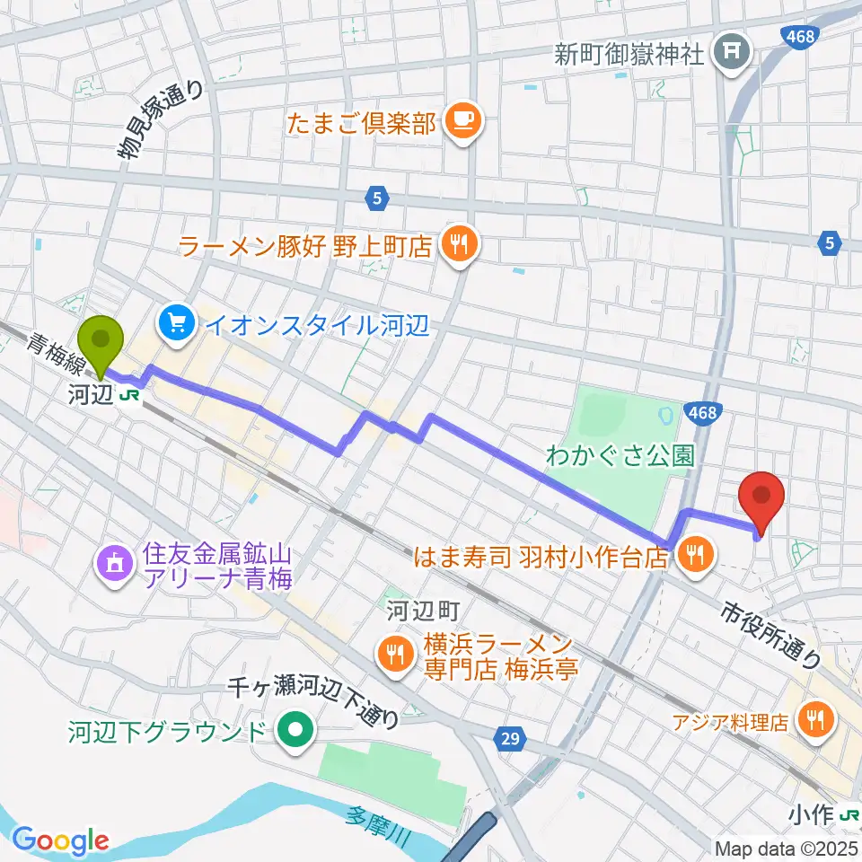 河辺駅からおおたけピアノ教室へのルートマップ地図