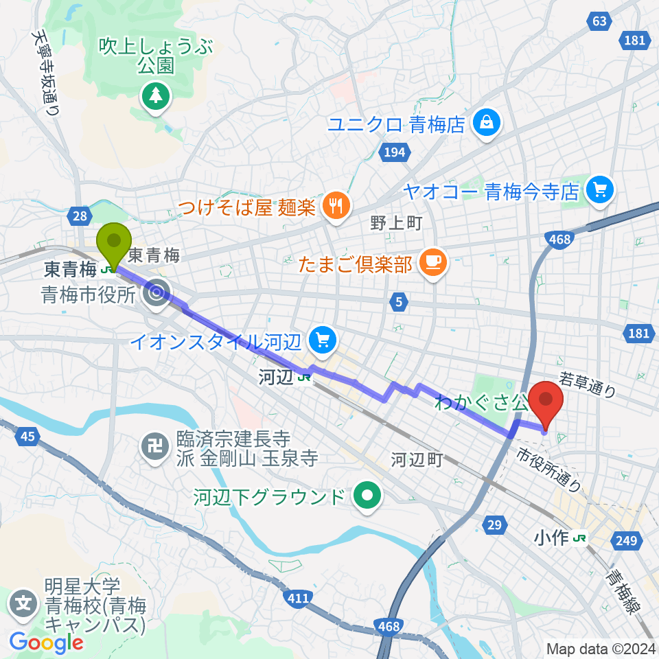 東青梅駅からおおたけピアノ教室へのルートマップ地図