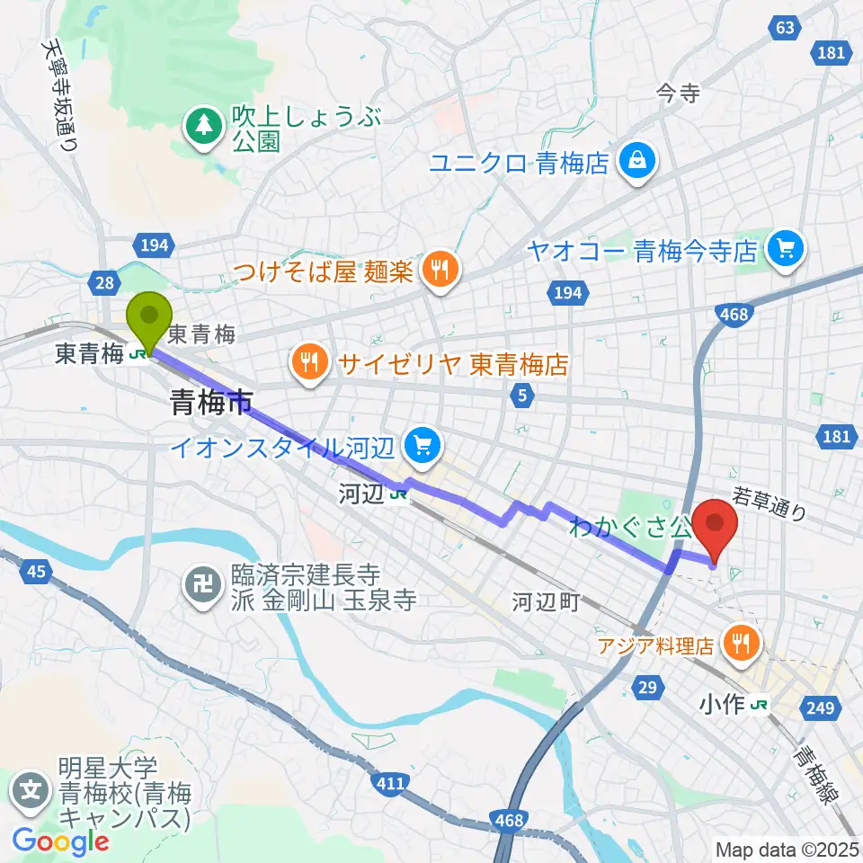 東青梅駅からおおたけピアノ教室へのルートマップ地図