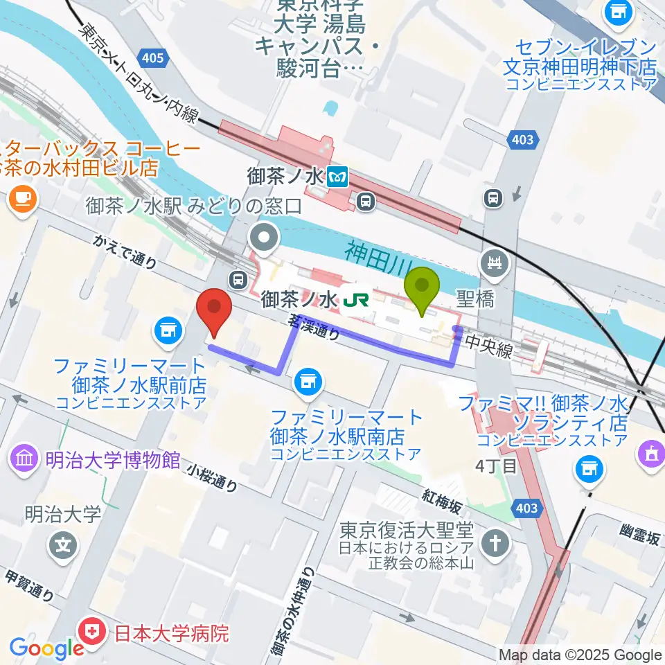 クロサワウインドお茶の水店の最寄駅御茶ノ水駅からの徒歩ルート（約2分）地図