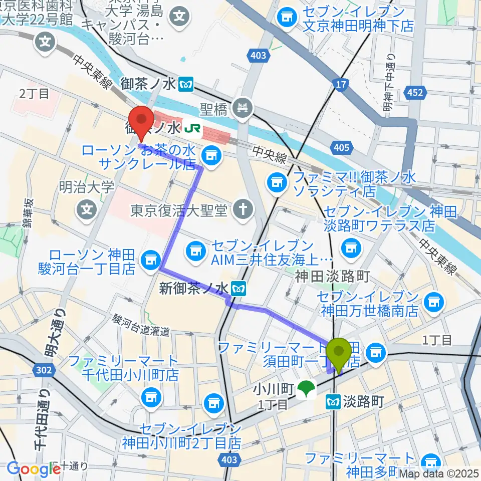 淡路町駅からクロサワウインドお茶の水店へのルートマップ地図
