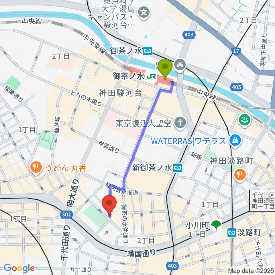御茶ノ水駅からエンギターへのルートマップ地図