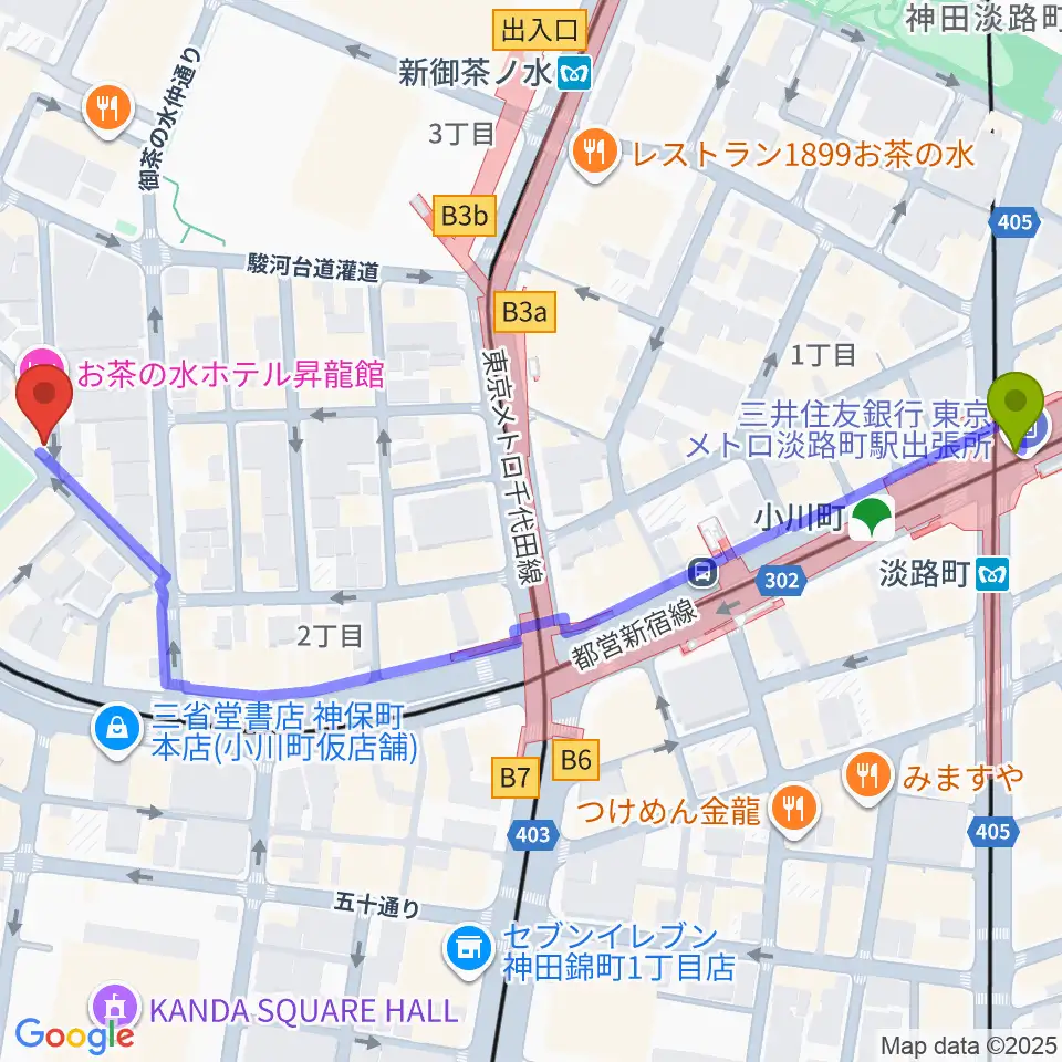 エンギターの最寄駅淡路町駅からの徒歩ルート（約7分）地図