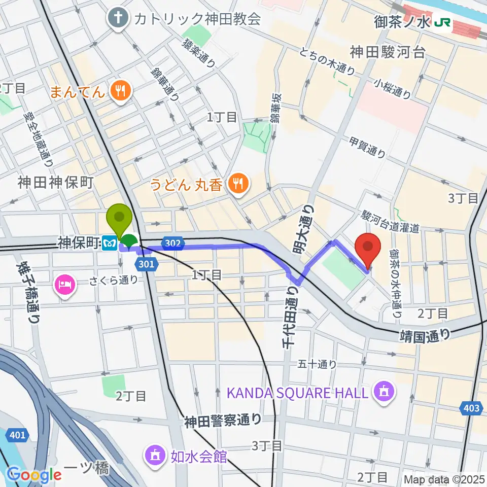 神保町駅からエンギターへのルートマップ地図