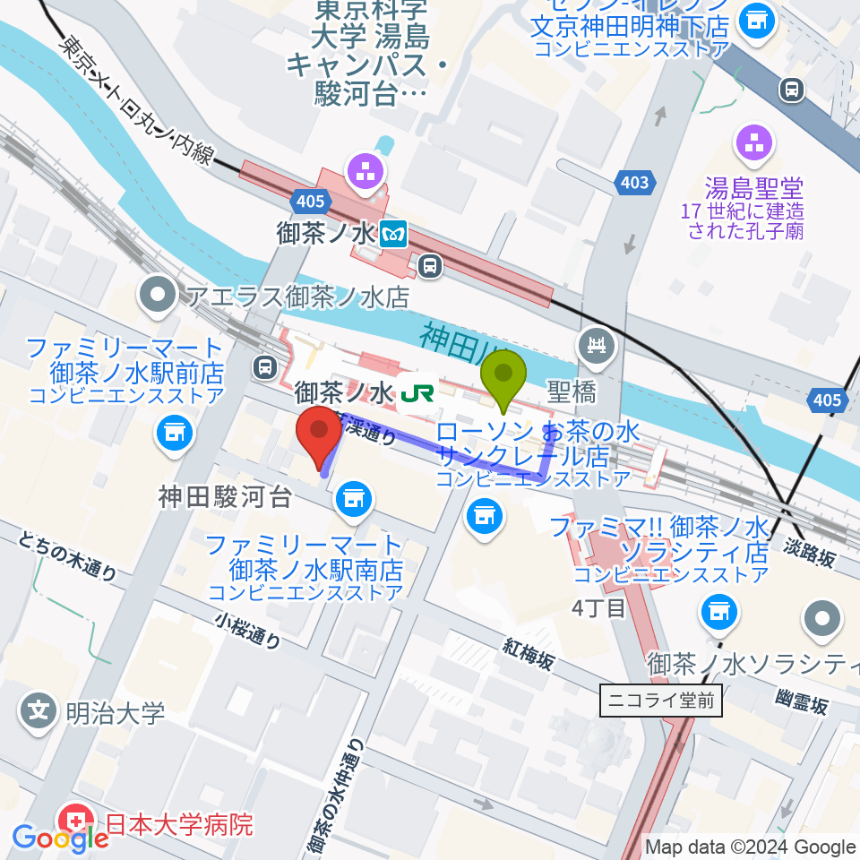 ＡＡＡイワタ楽器の最寄駅御茶ノ水駅からの徒歩ルート（約2分）地図