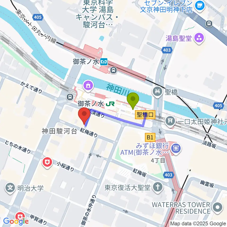 ＡＡＡイワタ楽器の最寄駅御茶ノ水駅からの徒歩ルート（約2分）地図