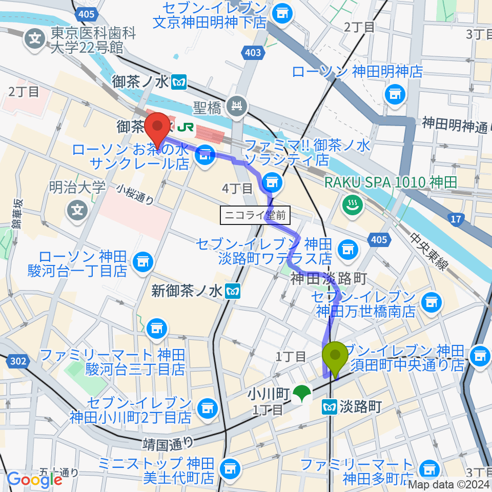 淡路町駅からＡＡＡイワタ楽器へのルートマップ地図