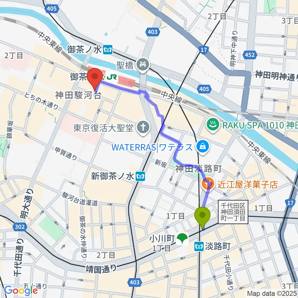 淡路町駅からＡＡＡイワタ楽器へのルートマップ地図