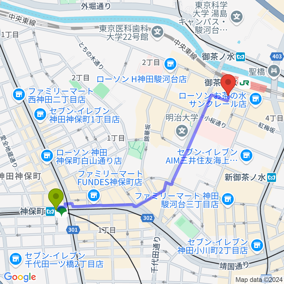 神保町駅からＡＡＡイワタ楽器へのルートマップ地図