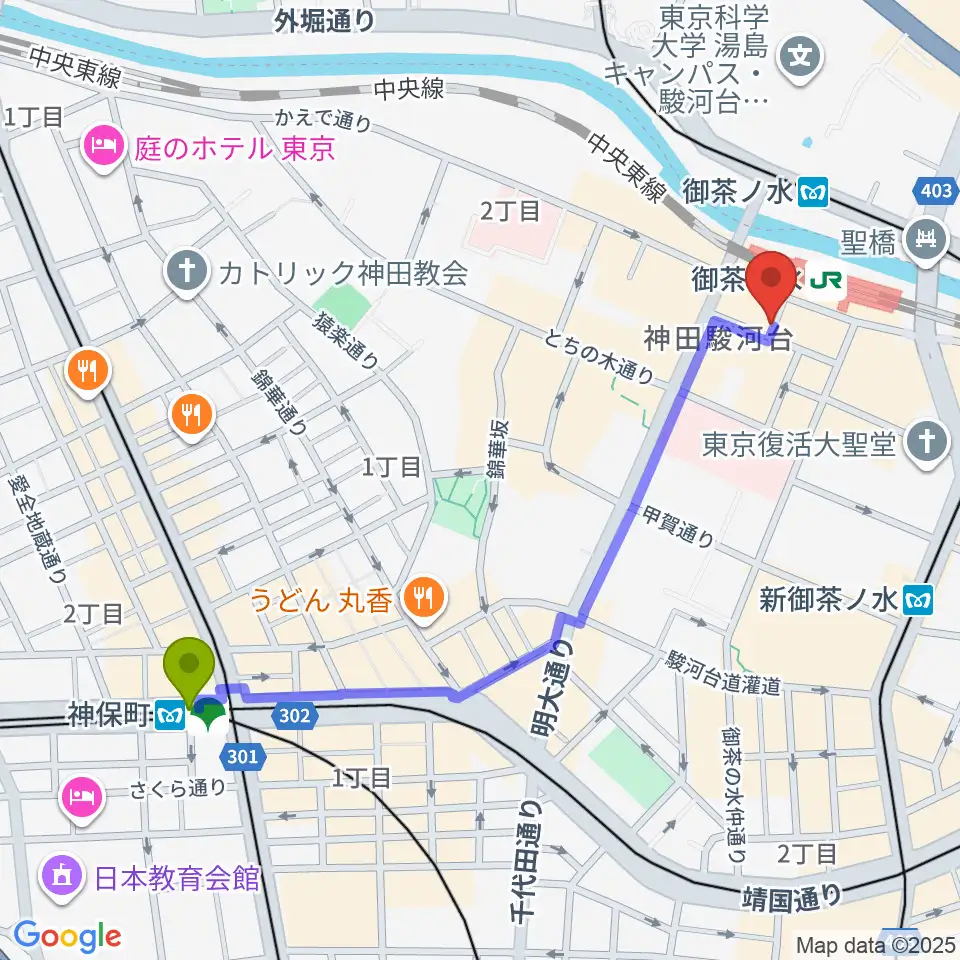 神保町駅からＡＡＡイワタ楽器へのルートマップ地図