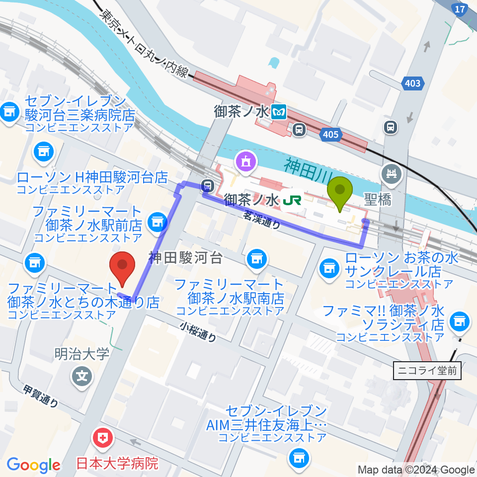 ディスクユニオン JazzTOKYOの最寄駅御茶ノ水駅からの徒歩ルート（約4分）地図