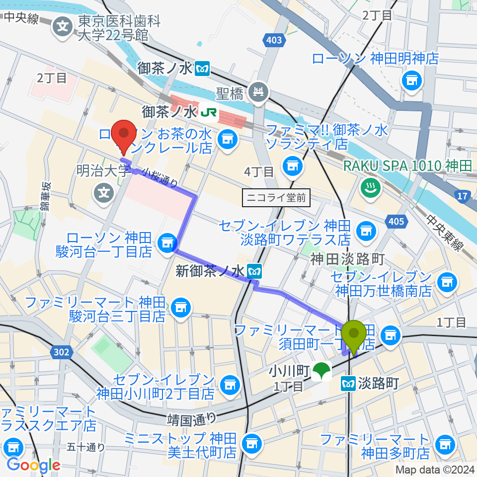 淡路町駅からディスクユニオン JazzTOKYOへのルートマップ地図