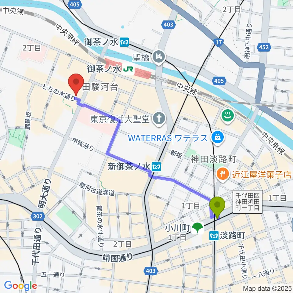 淡路町駅からディスクユニオン JazzTOKYOへのルートマップ地図