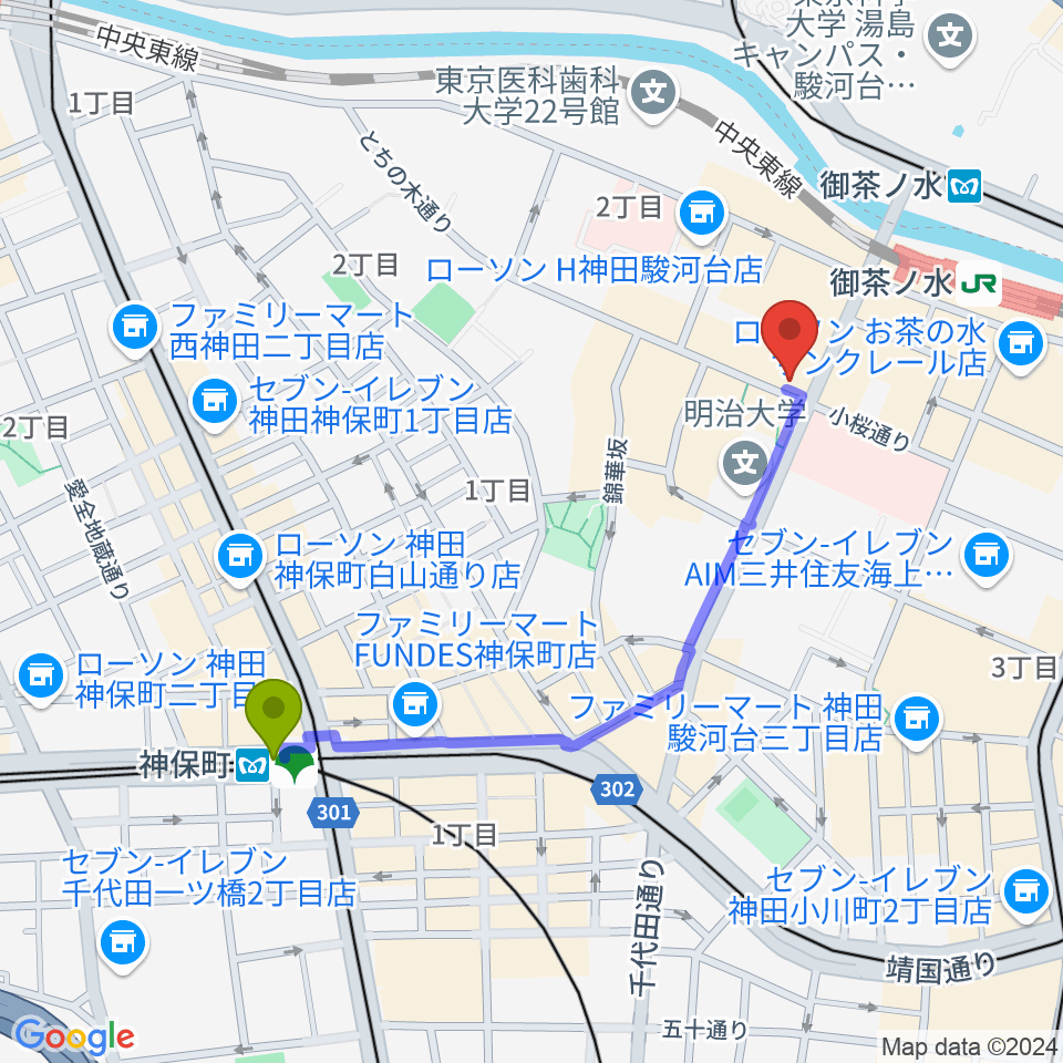 神保町駅からディスクユニオン JazzTOKYOへのルートマップ地図