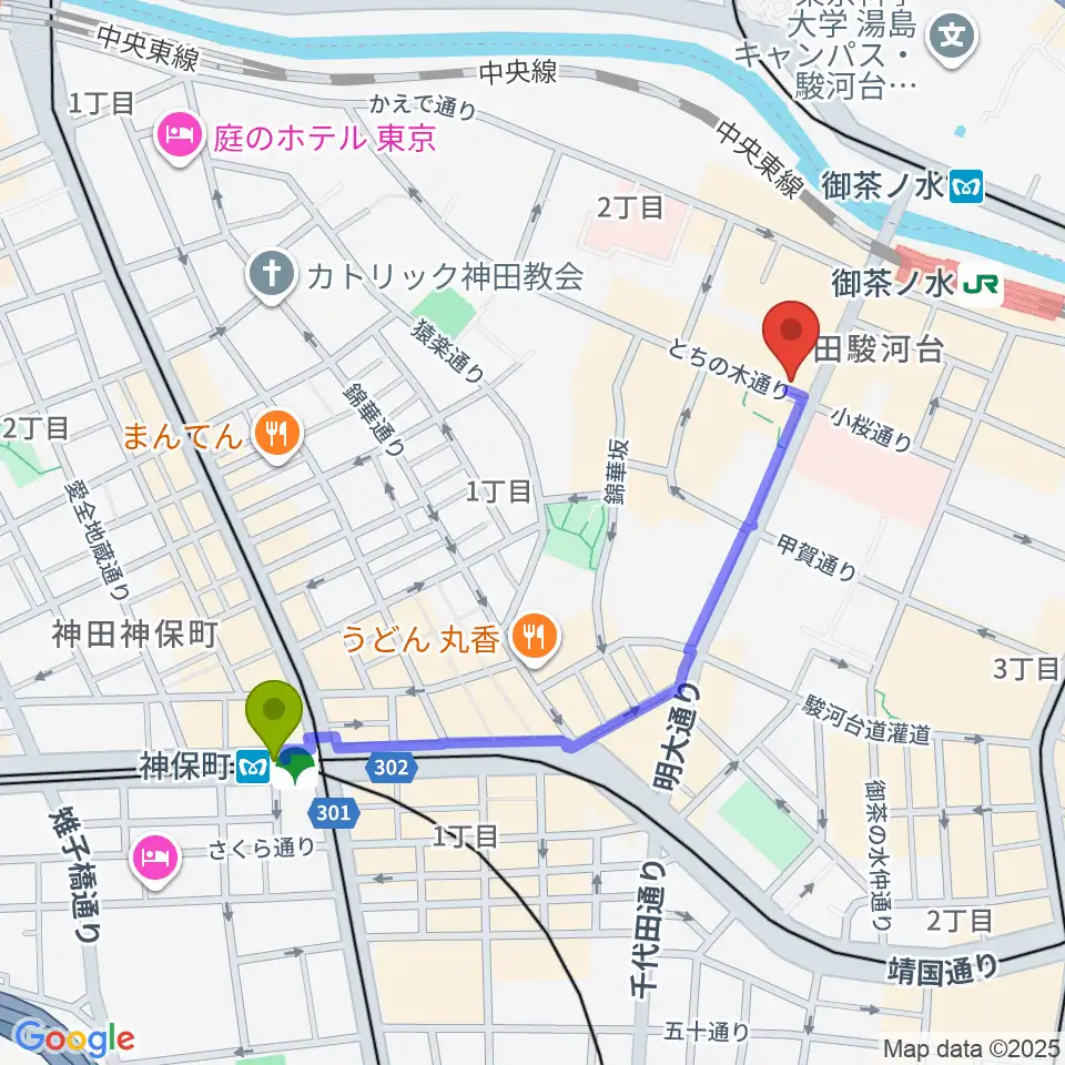 神保町駅からディスクユニオン JazzTOKYOへのルートマップ地図