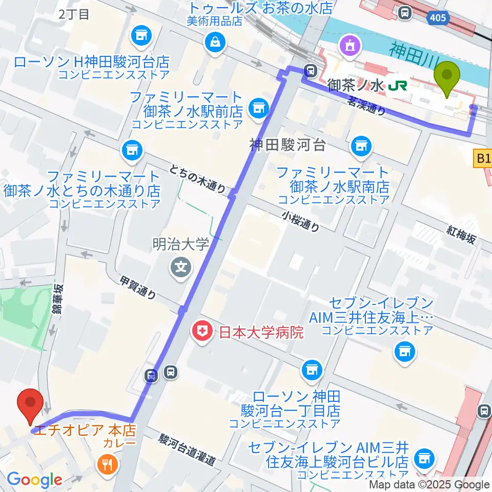 御茶ノ水駅からアイゼナハ音楽院へのルートマップ地図