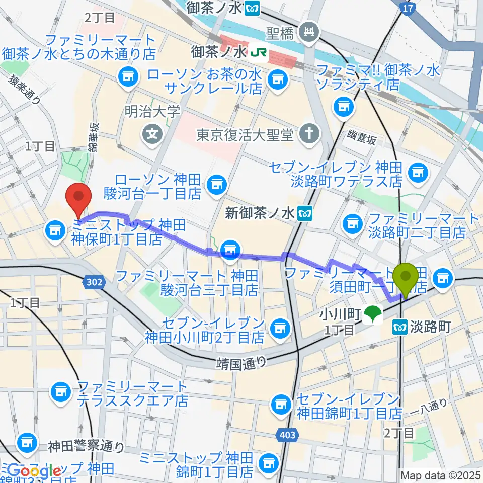 淡路町駅からアイゼナハ音楽院へのルートマップ地図