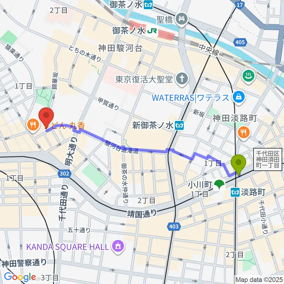 淡路町駅からアイゼナハ音楽院へのルートマップ地図