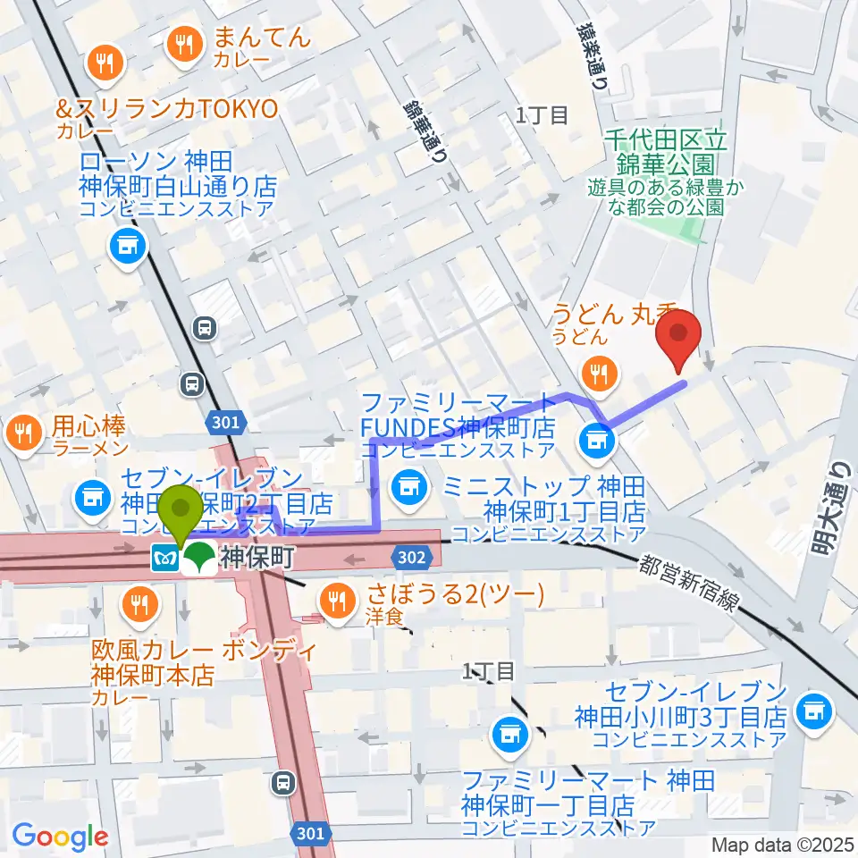 アイゼナハ音楽院の最寄駅神保町駅からの徒歩ルート（約5分）地図