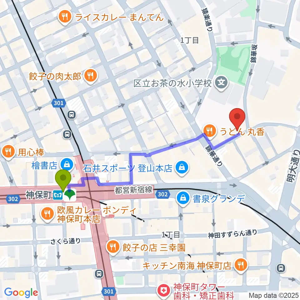 アイゼナハ音楽院の最寄駅神保町駅からの徒歩ルート（約5分）地図