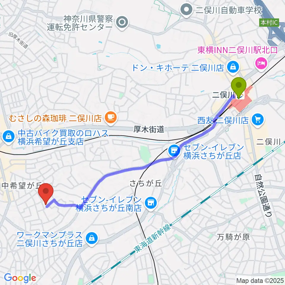 二俣川駅からイハラ音楽教室へのルートマップ地図