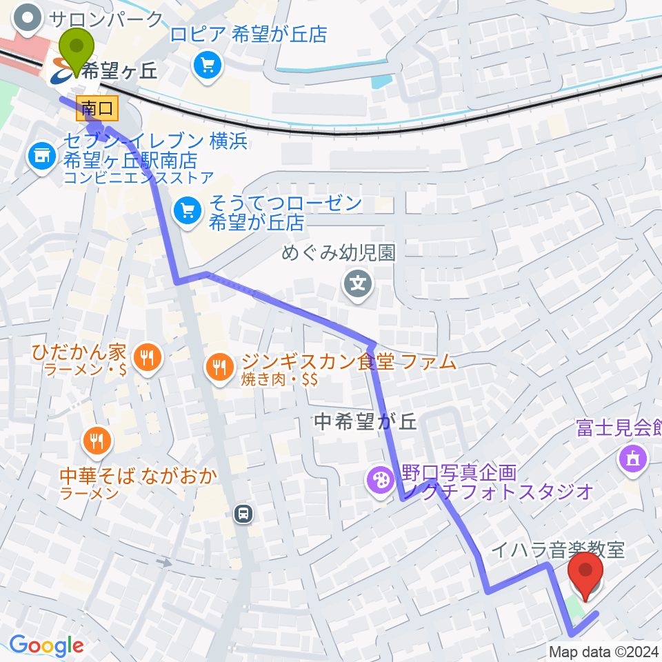 イハラ音楽教室の最寄駅希望ヶ丘駅からの徒歩ルート（約9分）地図