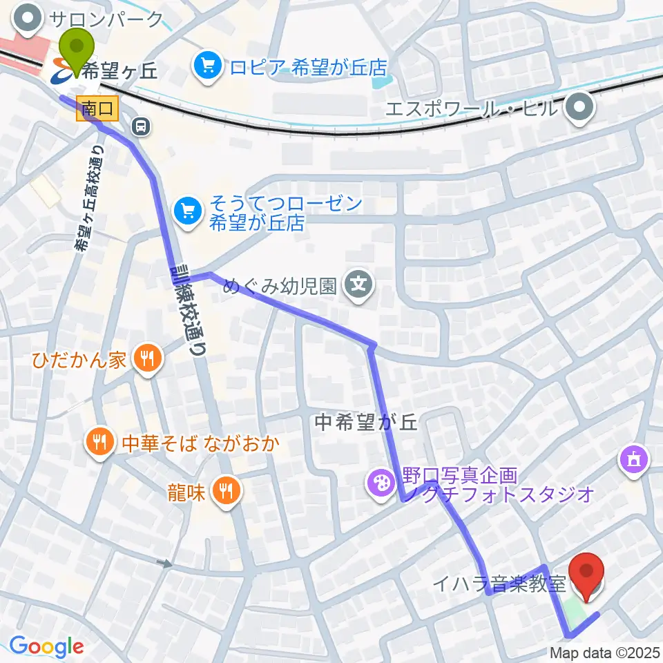 イハラ音楽教室の最寄駅希望ヶ丘駅からの徒歩ルート（約9分）地図