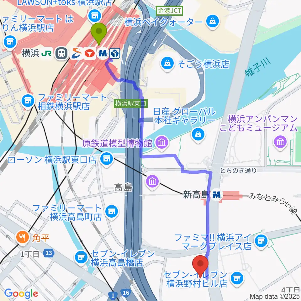 横浜駅からKT Zepp横浜へのルートマップ地図