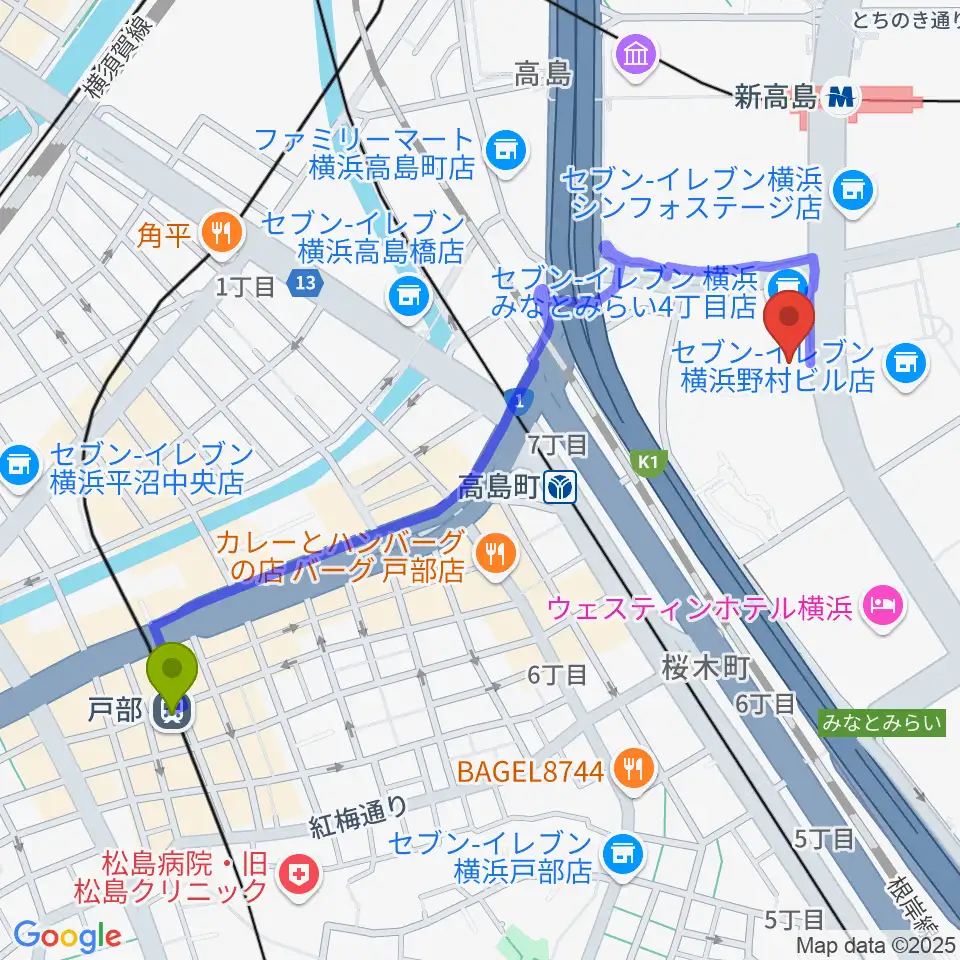 戸部駅からKT Zepp横浜へのルートマップ地図