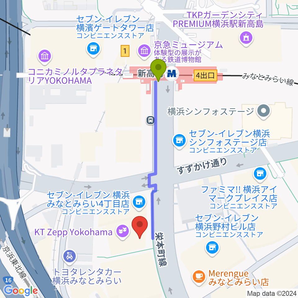 KT Zepp横浜の最寄駅新高島駅からの徒歩ルート（約4分）地図