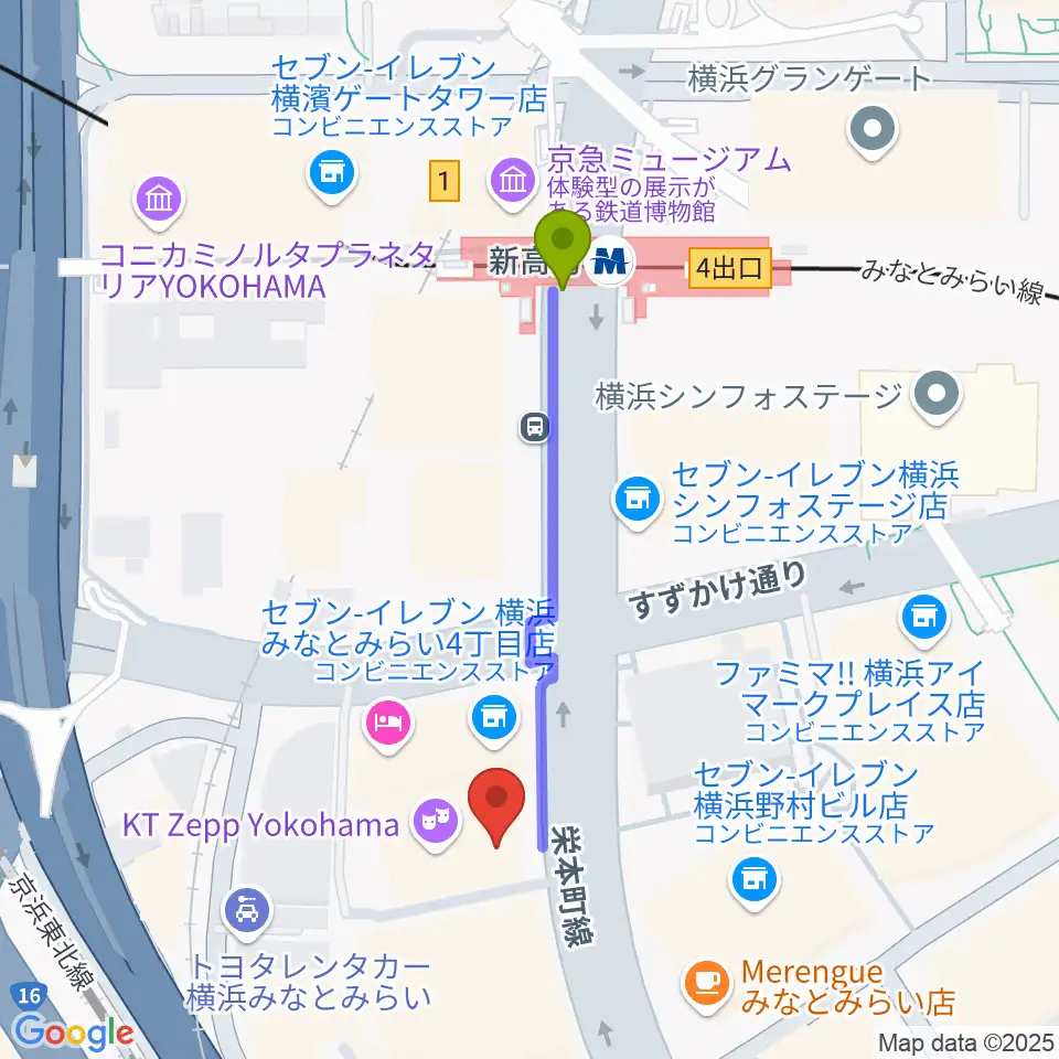 KT Zepp横浜の最寄駅新高島駅からの徒歩ルート（約4分）地図