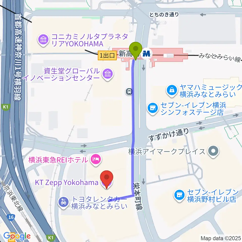 新高島駅からKT Zepp横浜へのルートマップ地図