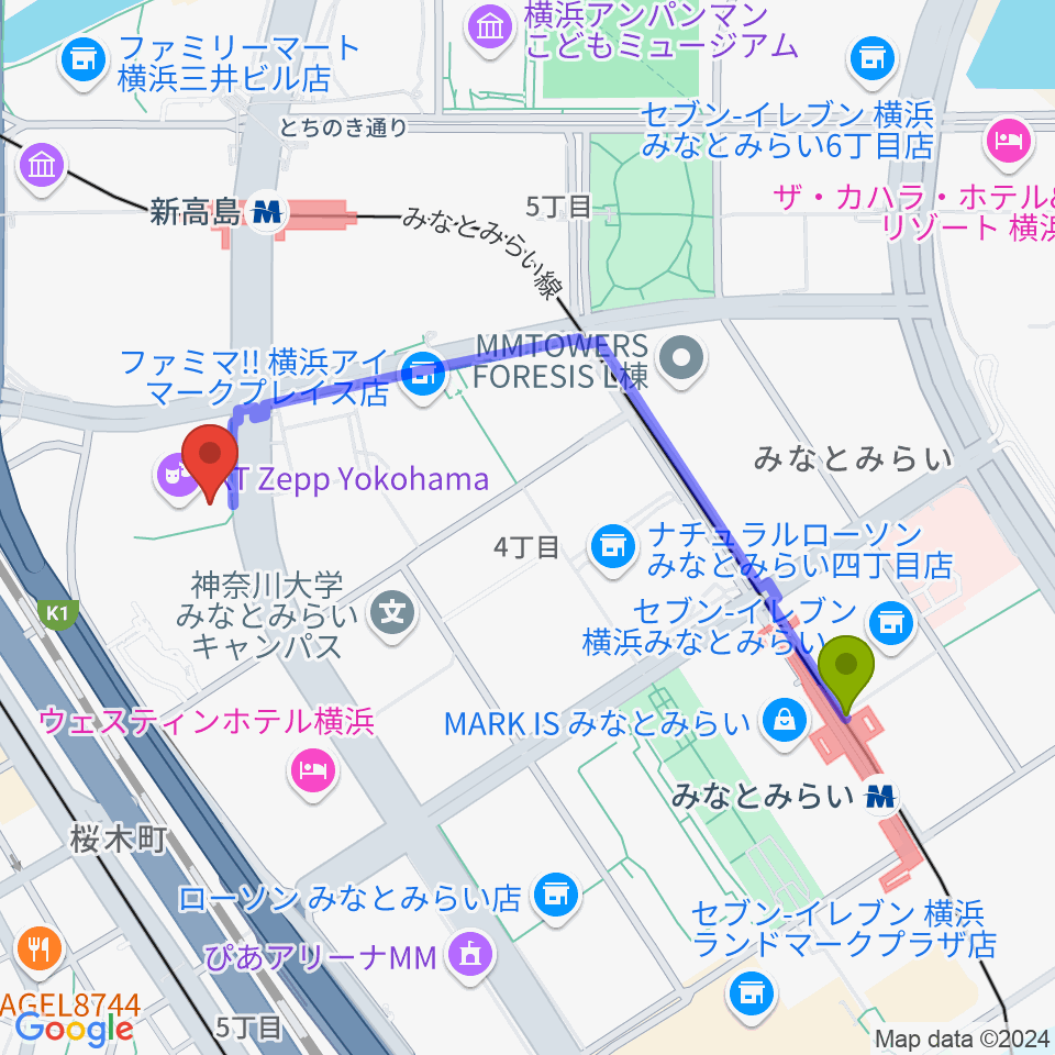 みなとみらい駅からKT Zepp横浜へのルートマップ地図