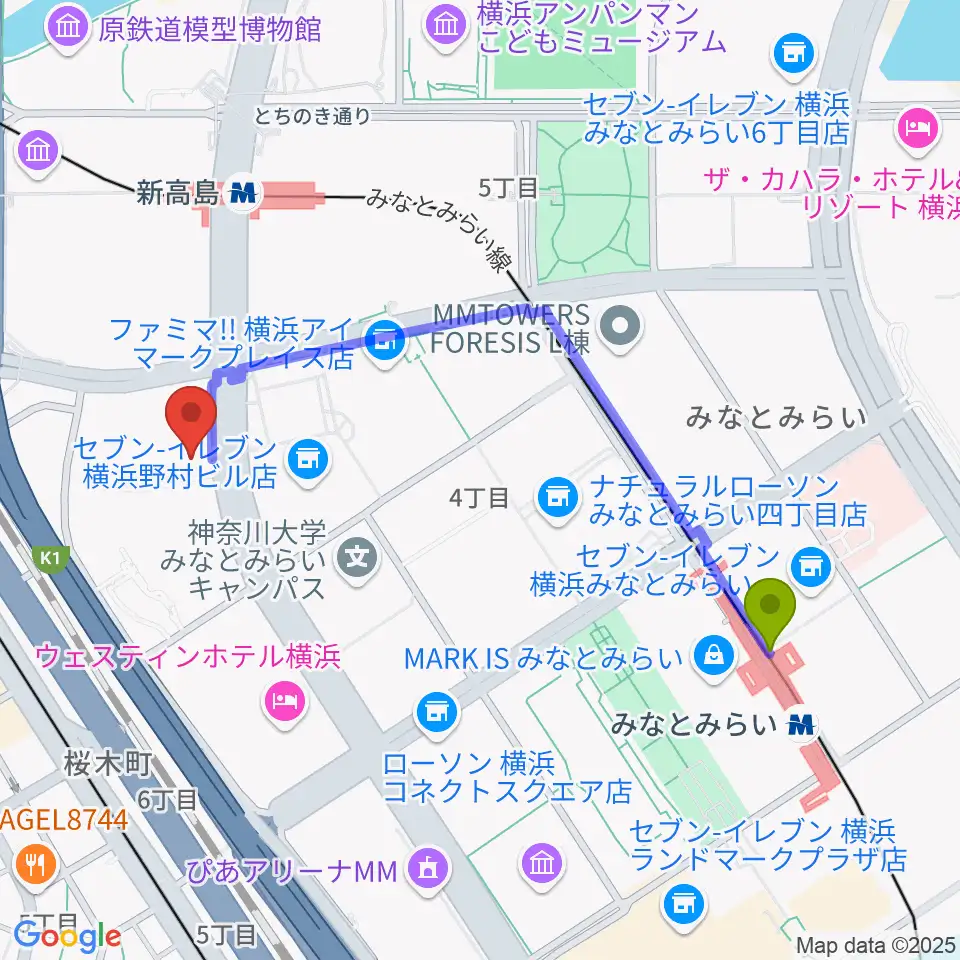 みなとみらい駅からKT Zepp横浜へのルートマップ地図