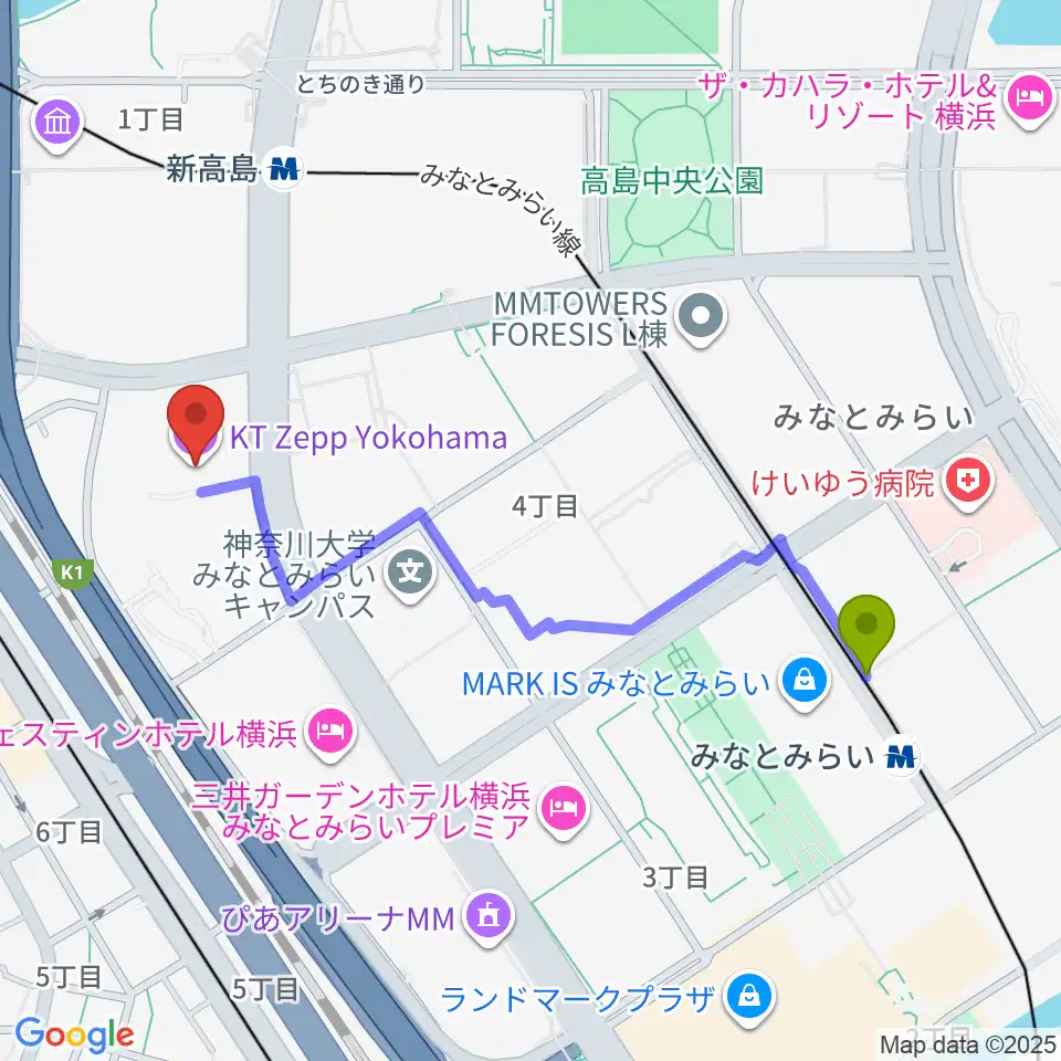 みなとみらい駅からKT Zepp横浜へのルートマップ地図