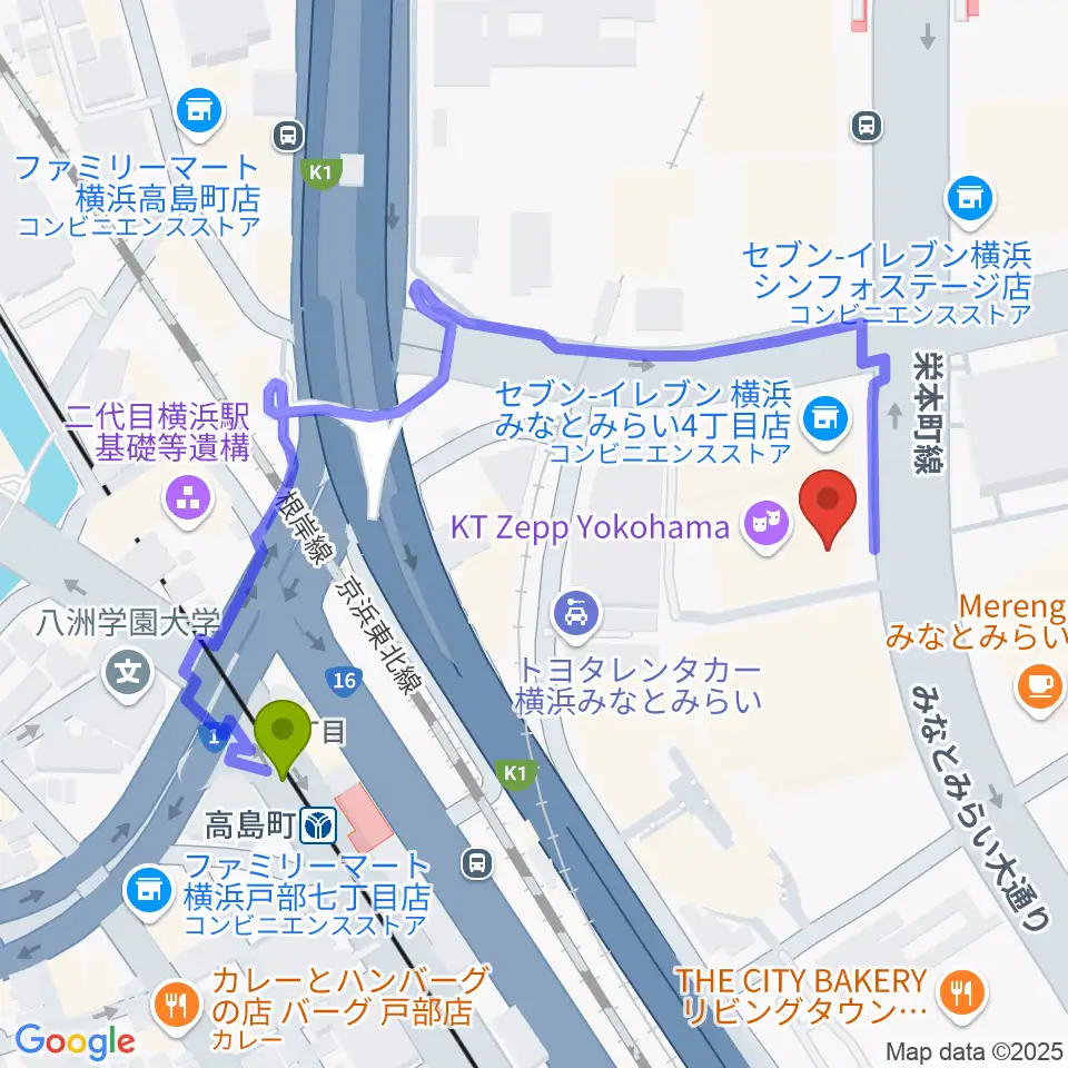 高島町駅からKT Zepp横浜へのルートマップ地図