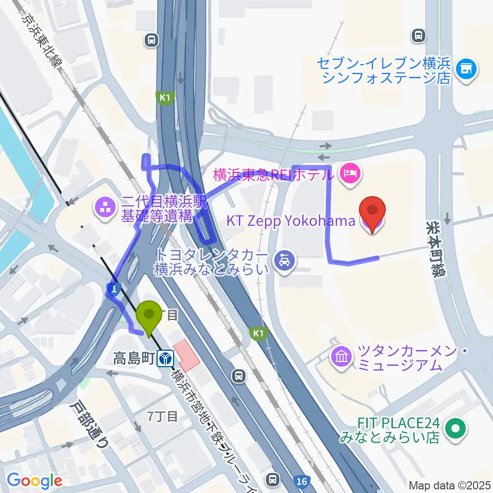 KT Zepp横浜の最寄駅高島町駅からの徒歩ルート（約4分）地図