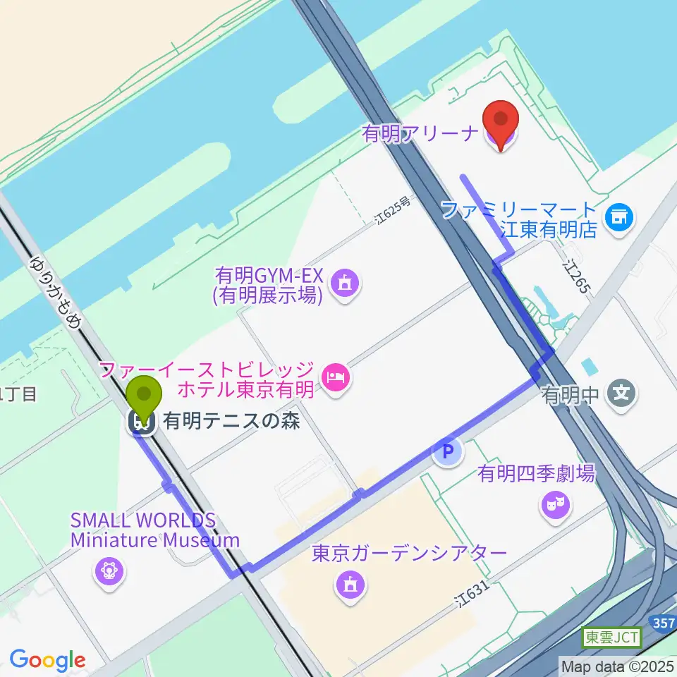 有明アリーナの最寄駅有明テニスの森駅からの徒歩ルート（約10分） - MDATA