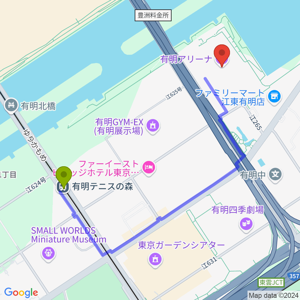 有明アリーナの最寄駅有明テニスの森駅からの徒歩ルート（約10分）地図