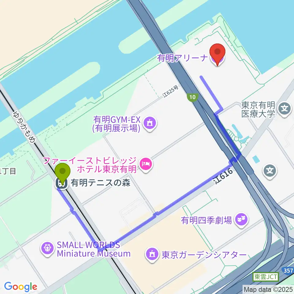 有明アリーナの最寄駅有明テニスの森駅からの徒歩ルート（約10分）地図