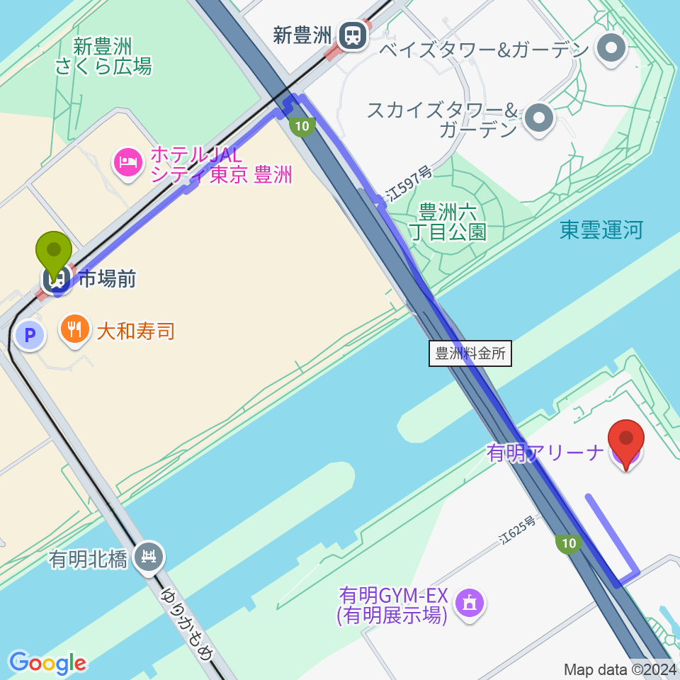 市場前駅から有明アリーナへのルートマップ地図