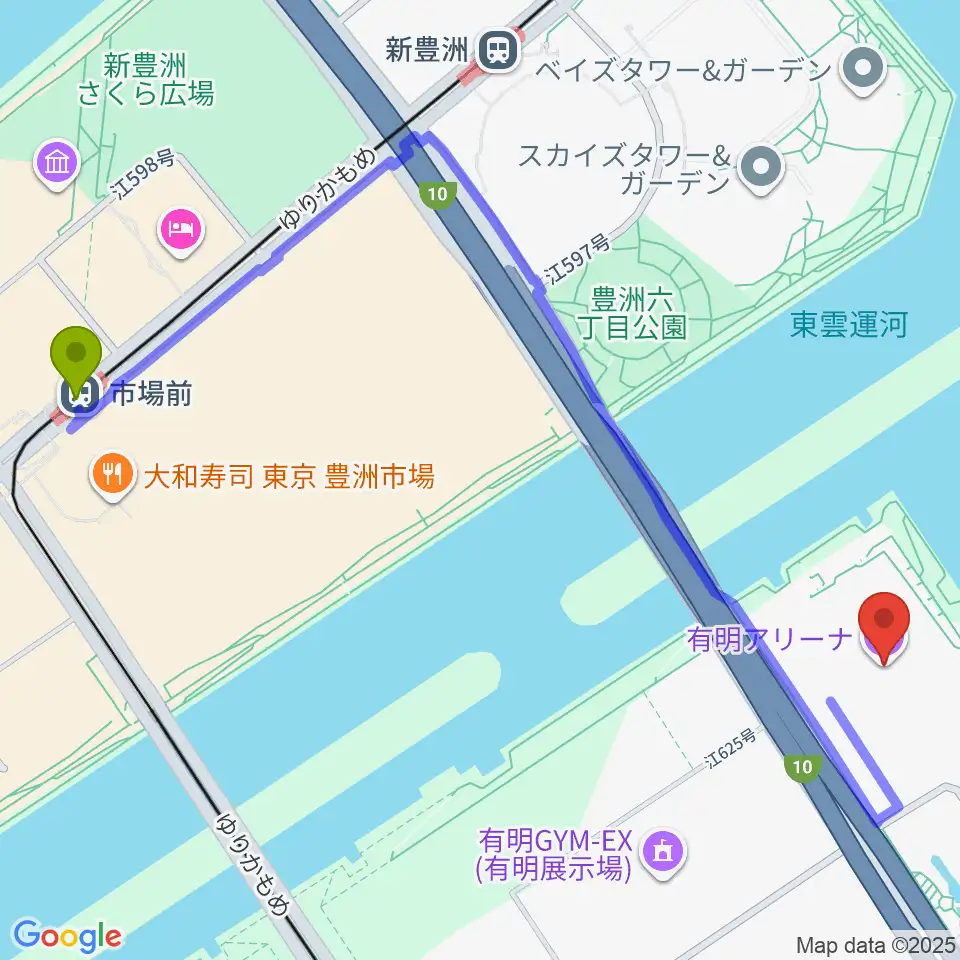 市場前駅から有明アリーナへのルートマップ地図