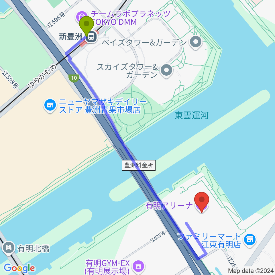 新豊洲駅から有明アリーナへのルートマップ地図