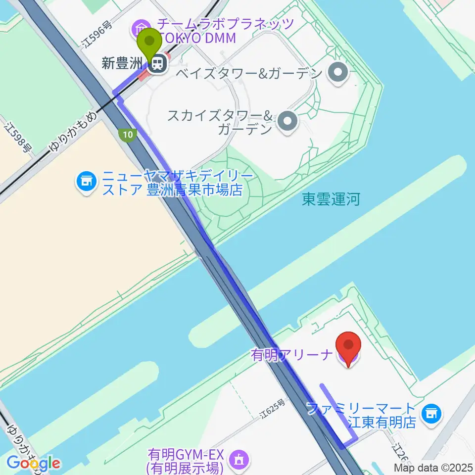 新豊洲駅から有明アリーナへのルートマップ地図