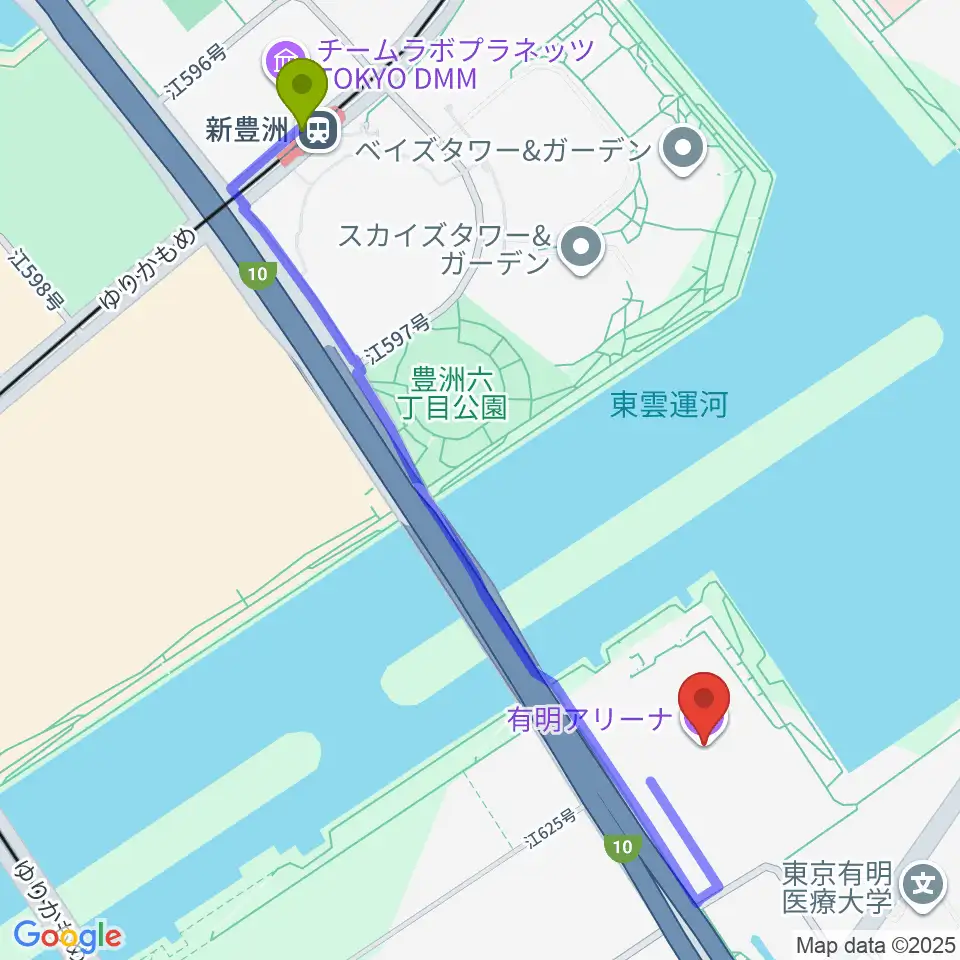 新豊洲駅から有明アリーナへのルートマップ地図