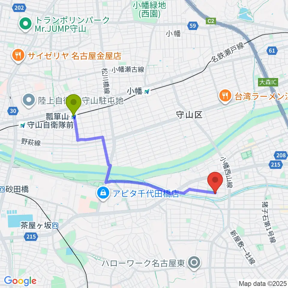 瓢箪山駅からSTUDIO SONGSへのルートマップ地図