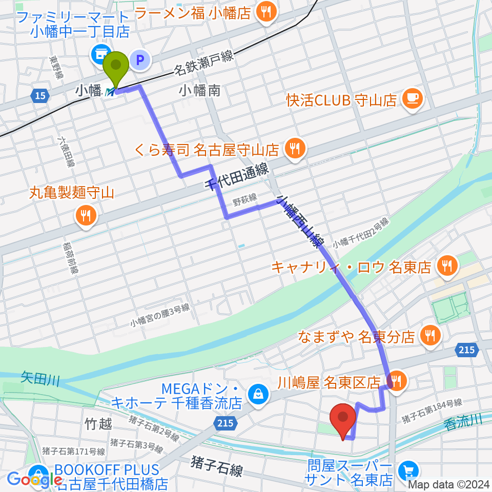 STUDIO SONGSの最寄駅小幡駅からの徒歩ルート（約27分）地図